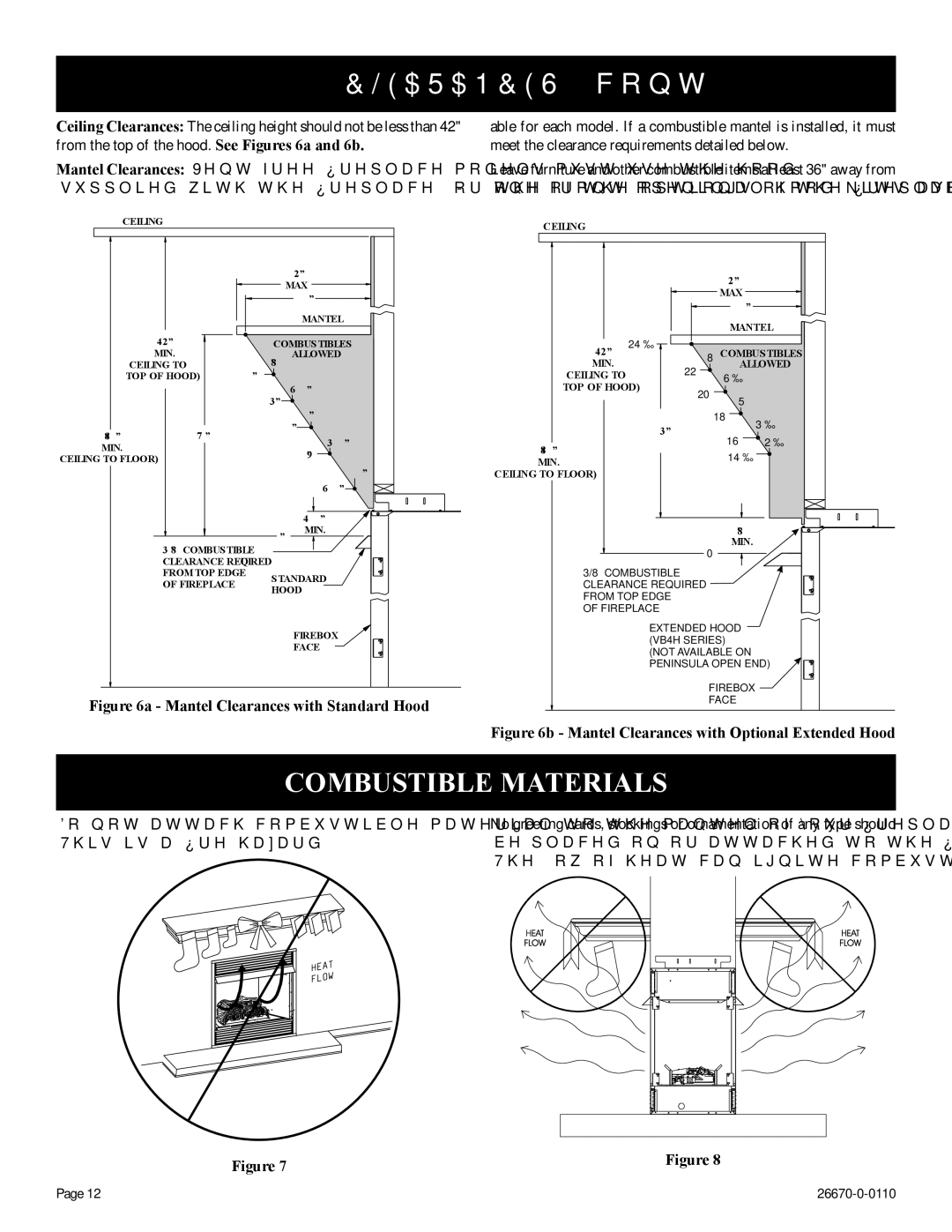 Empire Comfort Systems VFP36SP32EN-2, VFP36PP32EN-2 Combustible Materials, Mantel Clearances with Standard Hood 