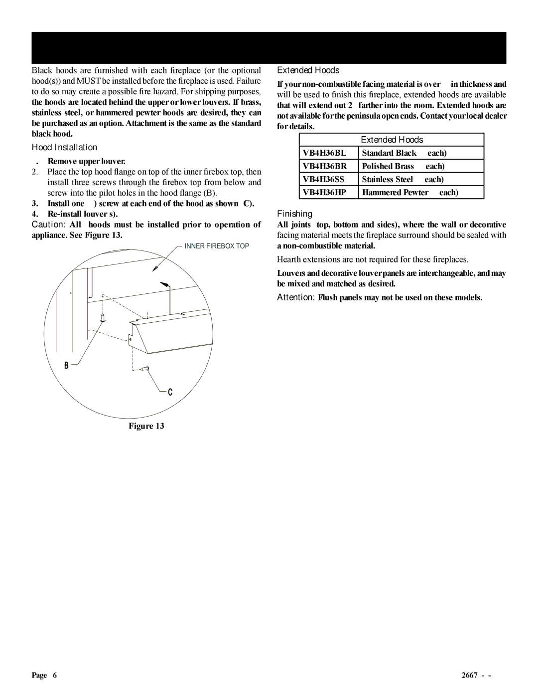 Empire Comfort Systems VFP36SP32EN-2, VFP36PP32EN-2 Installing Hoods, Hood Installation, Extended Hoods, Finishing 