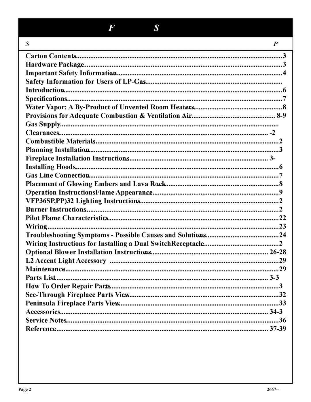 Empire Comfort Systems VFP36SP32EP-2, VFP36SP32EN-2, VFP36PP32EN-2, VFP36PP32EP-2 installation instructions Table of Contents 