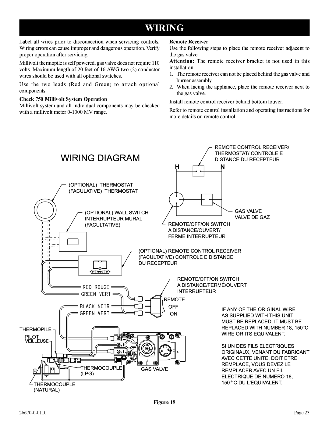 Empire Comfort Systems VFP36PP32EP-2, VFP36SP32EN-2 Wiring, Check 750 Millivolt System Operation, Remote Receiver 