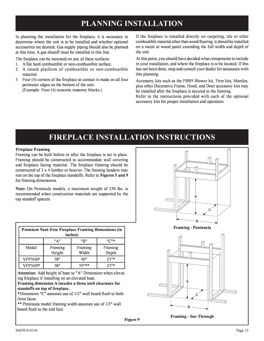 Empire Comfort Systems VFP36PP32EN-2 Planning Installation, Fireplace Installation Instructions, Fireplace Framing, inches 