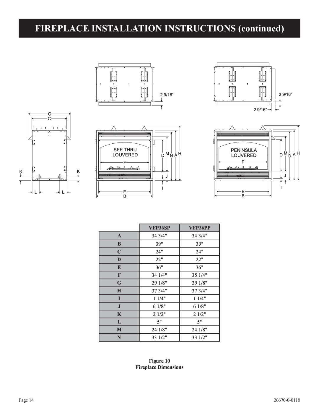 Empire Comfort Systems VFP36SP32EP-2 FIREPLACE INSTALLATION INSTRUCTIONS continued, VFP36PP, Figure Fireplace Dimensions 
