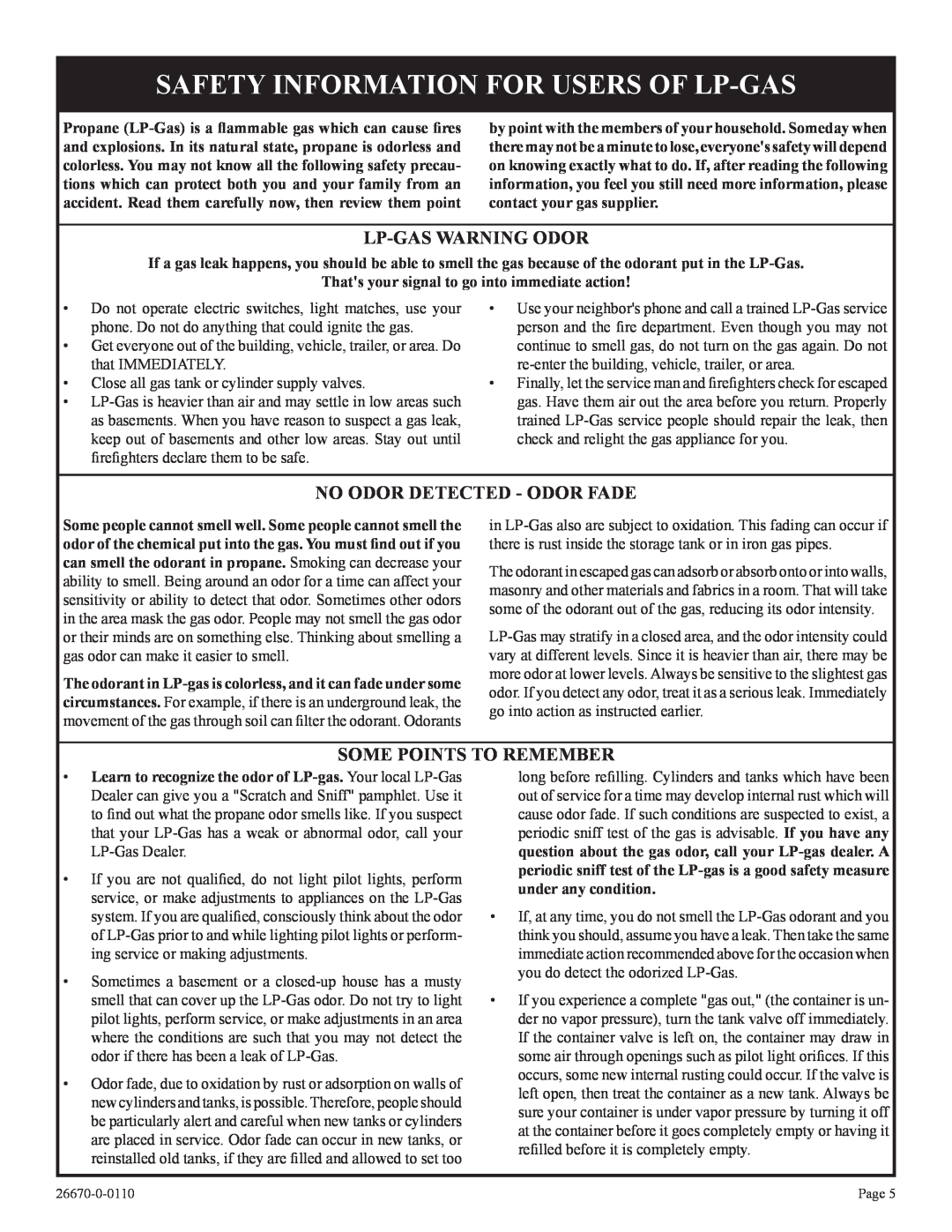 Empire Comfort Systems VFP36PP32EN-2 Safety Information For Users Of Lp-Gas, Lp-Gaswarning Odor, some points to remember 