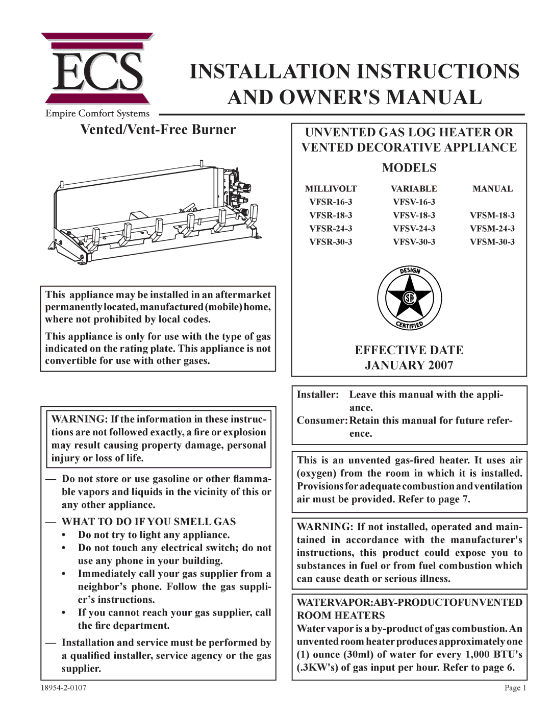 Empire Comfort Systems VFSM-30-3 installation instructions Installation Instructions, Millivolt Variable Manual 