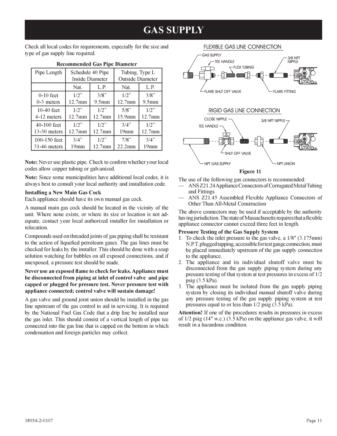 Empire Comfort Systems VFSM-30-3 GAS Supply, Recommended Gas Pipe Diameter, Installing a New Main Gas Cock 