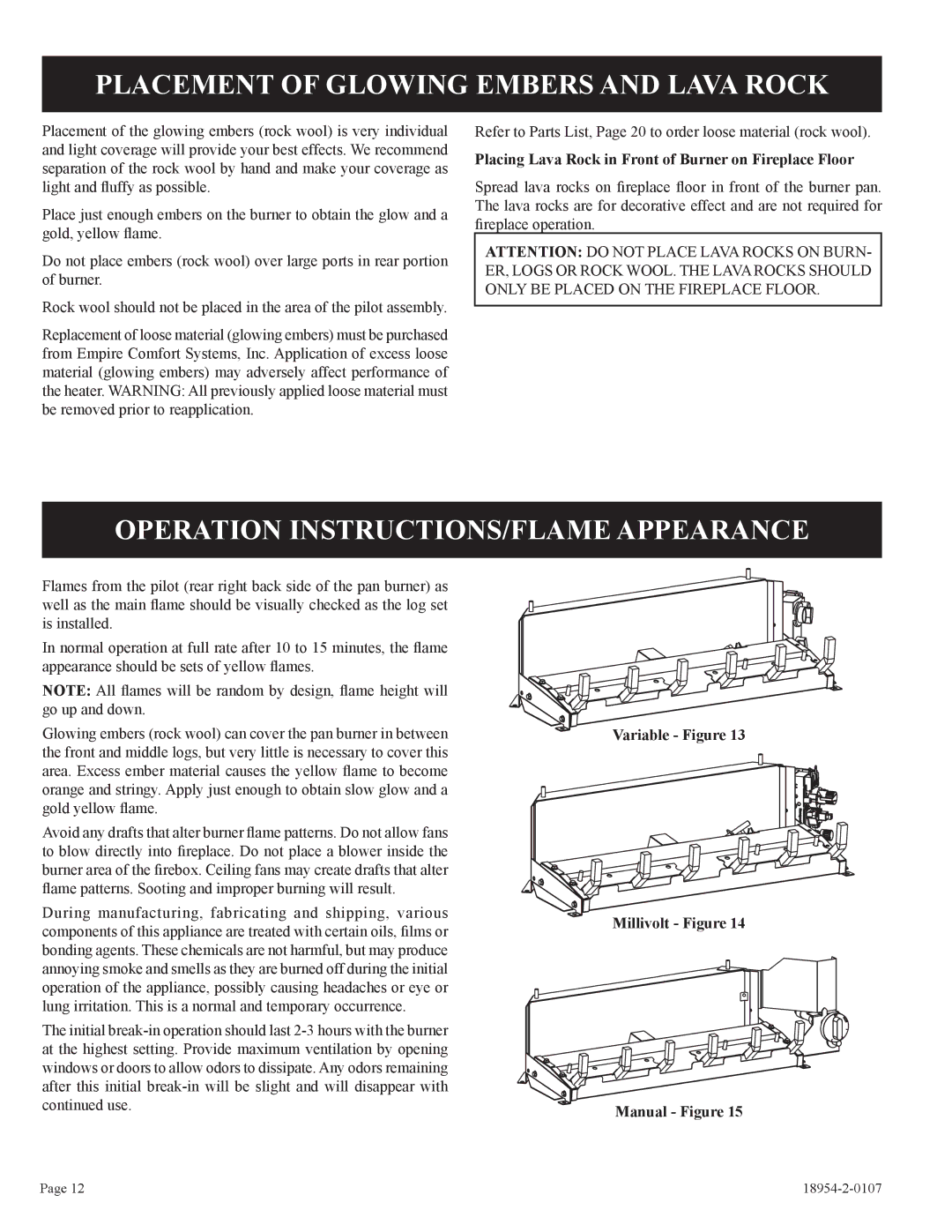 Empire Comfort Systems VFSM-30-3 Placement of Glowing Embers and Lava Rock, Operation INSTRUCTIONS/FLAME Appearance 