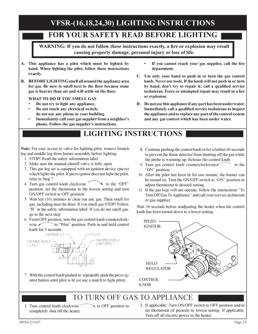 Empire Comfort Systems VFSM-30-3 VFSR-16,18,24,30 Lighting Instructions, What to do if YOU Smell GAS 