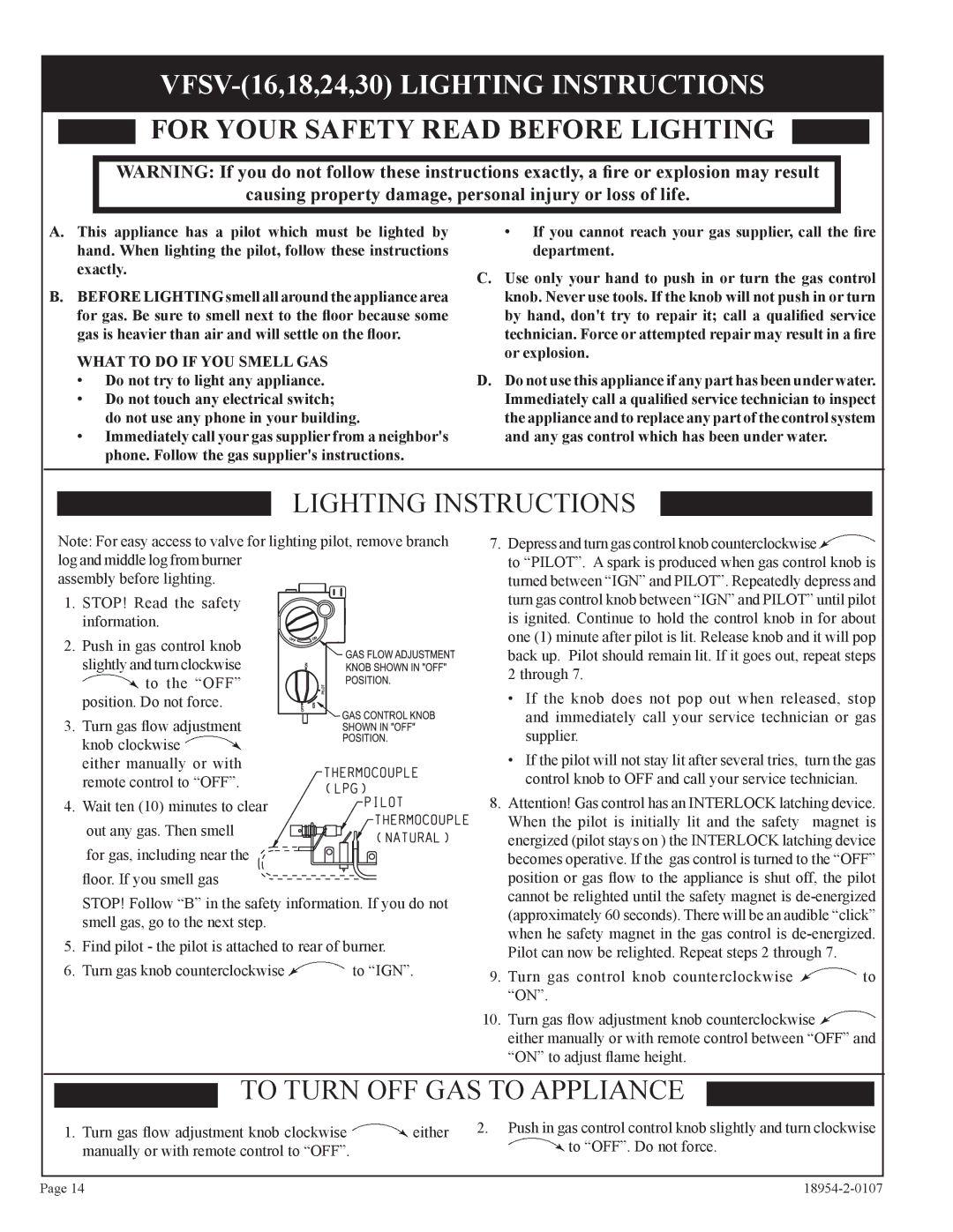 Empire Comfort Systems VFSM-30-3 installation instructions Lighting Instructions 