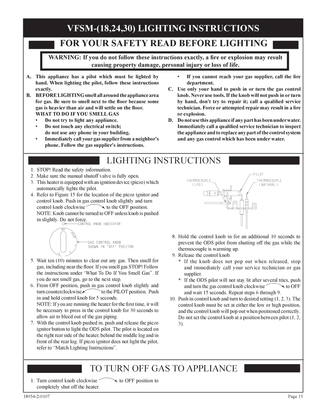 Empire Comfort Systems VFSM-30-3 installation instructions VFSM-18,24,30 Lighting Instructions 