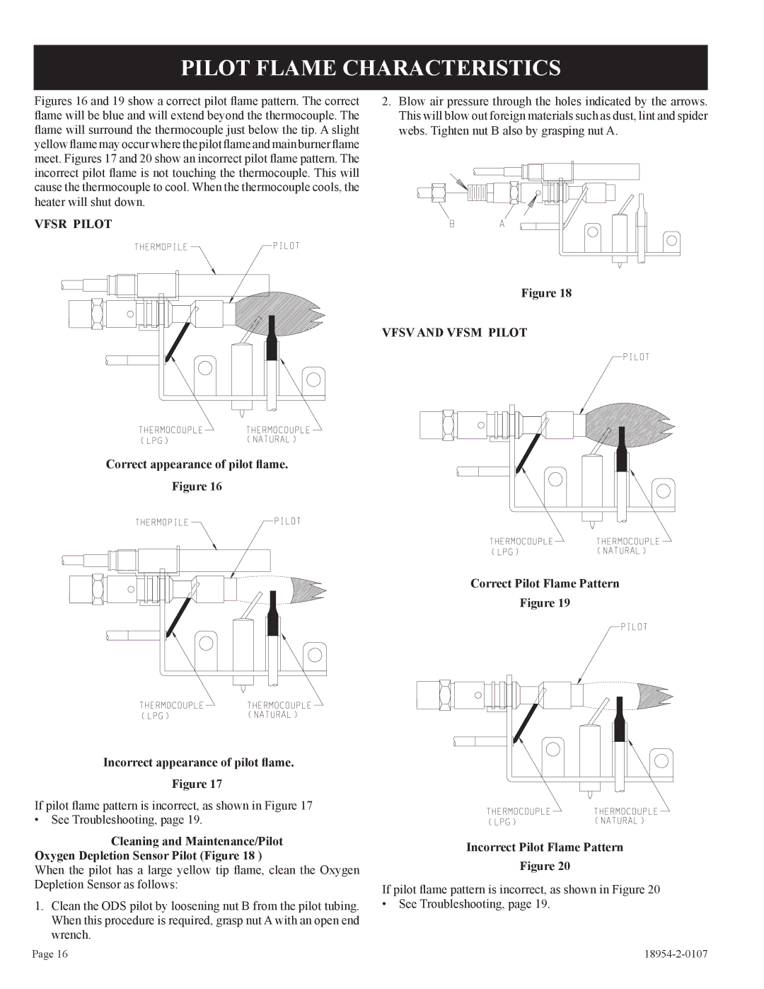 Empire Comfort Systems VFSM-30-3 installation instructions Pilot Flame Characteristics, Vfsr Pilot, Vfsv and Vfsm Pilot 