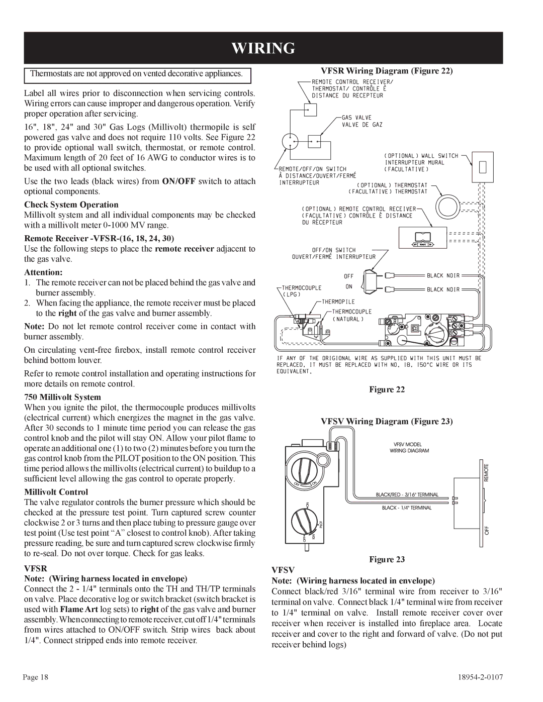 Empire Comfort Systems VFSM-30-3 installation instructions Wiring, Vfsr, Vfsv 