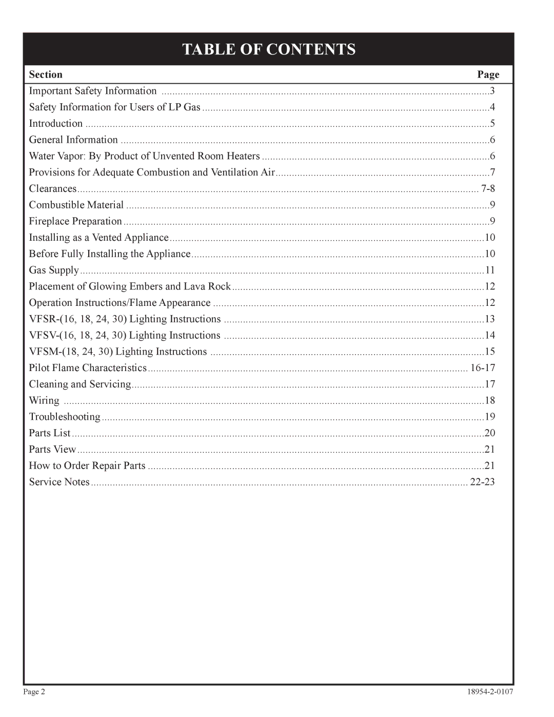 Empire Comfort Systems VFSM-30-3 installation instructions Table of Contents 