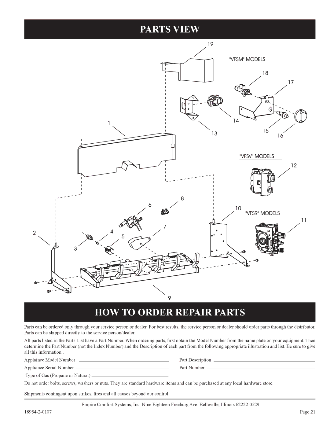 Empire Comfort Systems VFSM-30-3 installation instructions Parts View HOW to Order Repair Parts 