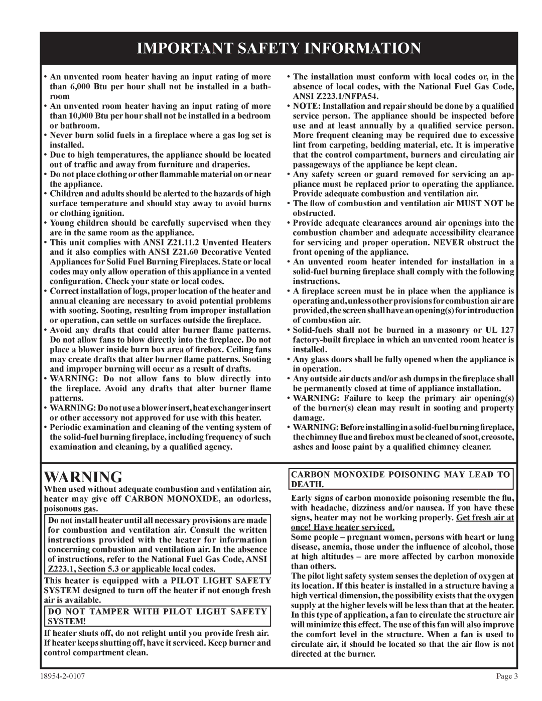 Empire Comfort Systems VFSM-30-3 Important Safety Information, Carbon Monoxide Poisoning MAY Lead to, Death, System 