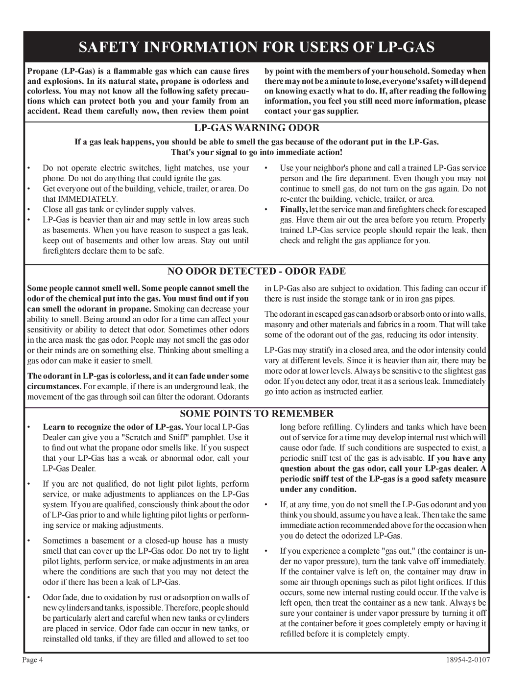 Empire Comfort Systems VFSM-30-3 installation instructions Safety Information for Users of LP-GAS, LP-GAS Warning Odor 