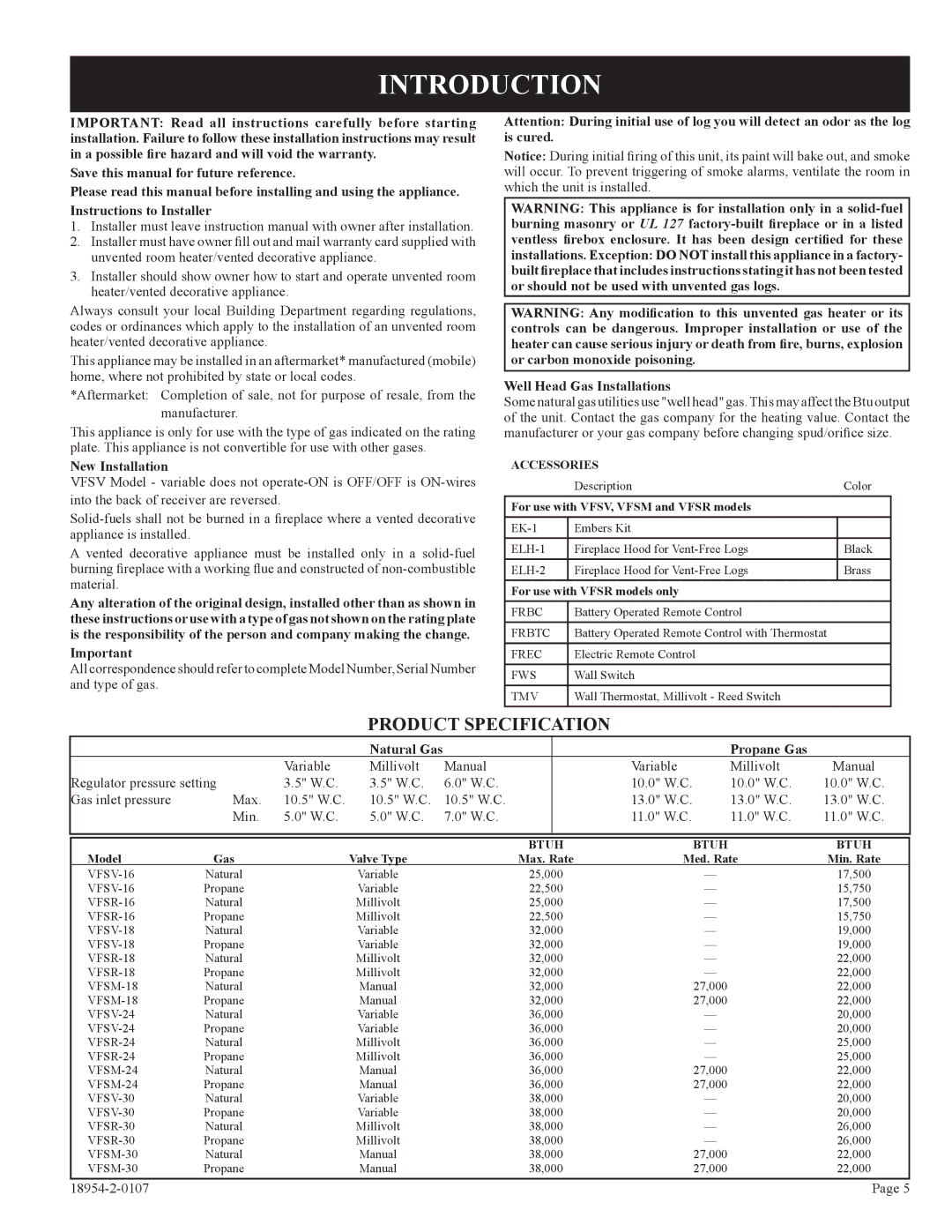 Empire Comfort Systems VFSM-30-3 installation instructions Introduction, New Installation 