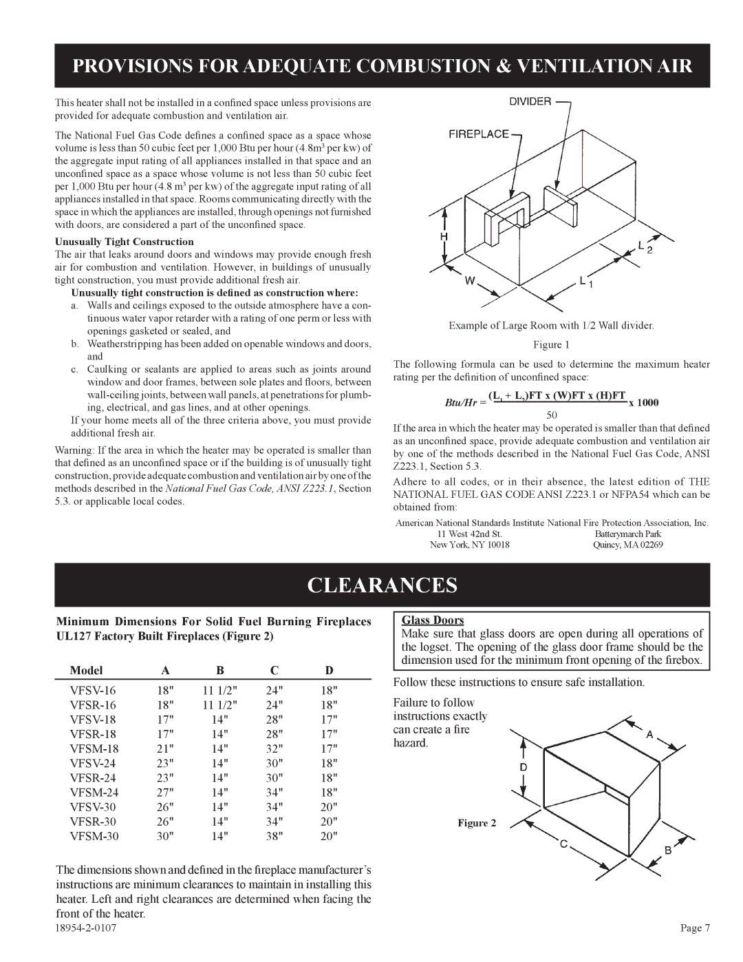 Empire Comfort Systems VFSM-30-3 installation instructions Clearances, Glass Doors 