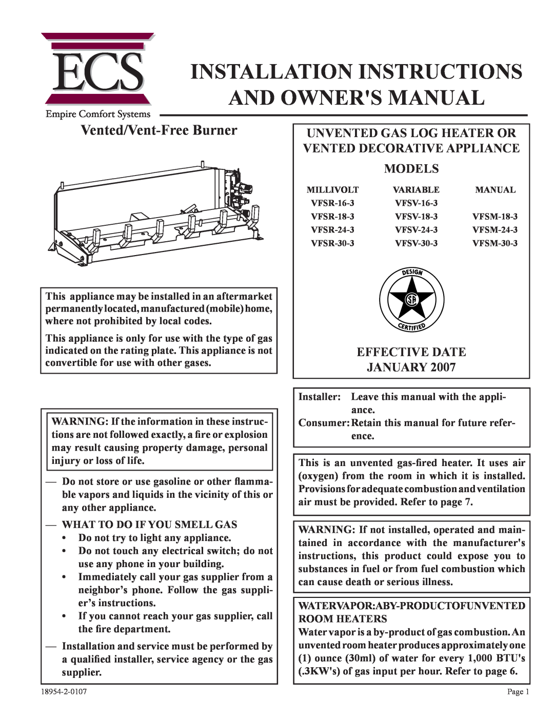 Empire Comfort Systems VFSM-30-3 installation instructions Vented/Vent-FreeBurner, Models, Effective Date January 