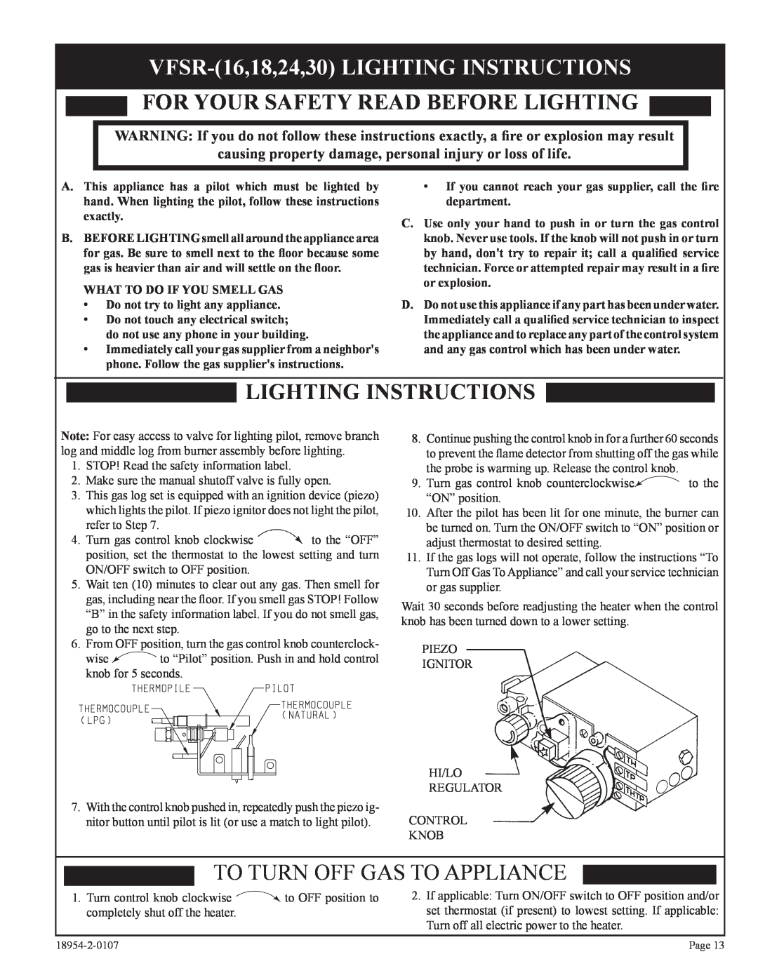 Empire Comfort Systems VFSM-30-3 VFSR-16,18,24,30LIGHTING INSTRUCTIONS, For Your Safety Read Before Lighting 
