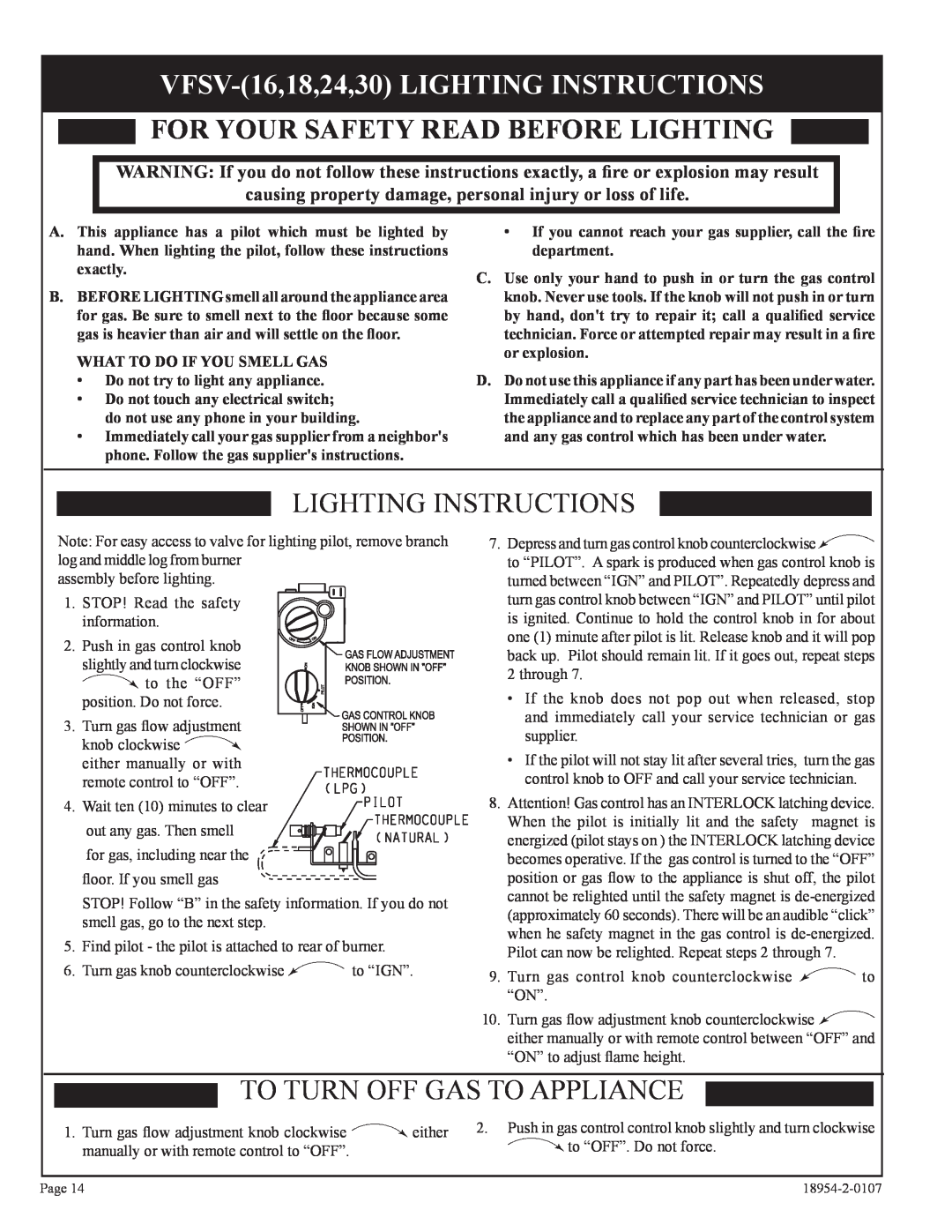 Empire Comfort Systems VFSM-30-3 installation instructions Lighting Instructions, To Turn Off Gas To Appliance 