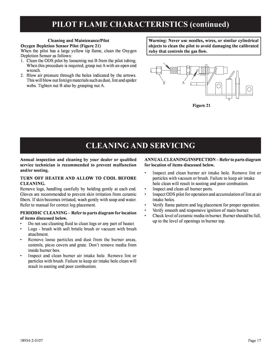 Empire Comfort Systems VFSM-30-3 installation instructions PILOT FLAME CHARACTERISTICS continued, Cleaning And Servicing 