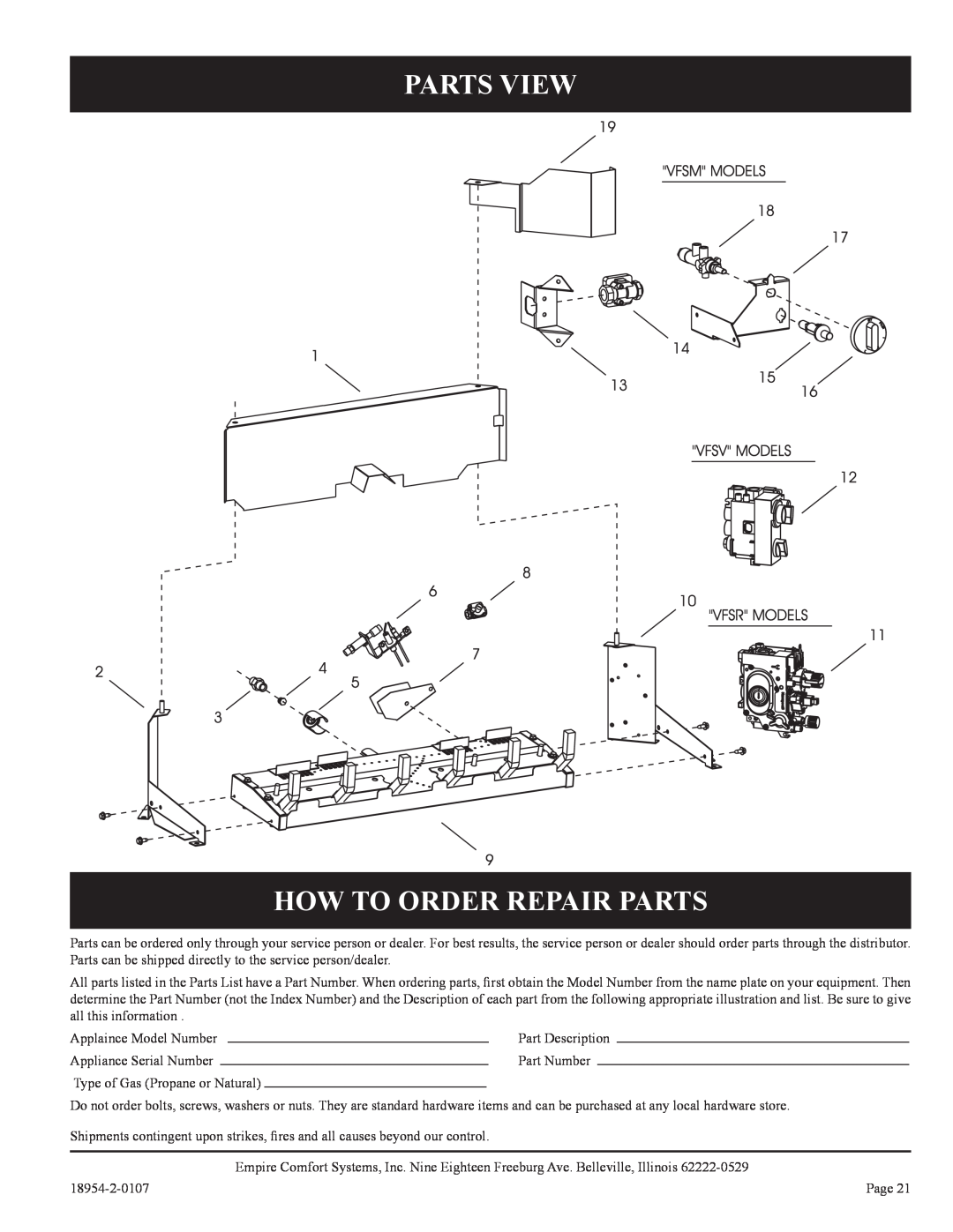 Empire Comfort Systems VFSM-30-3 installation instructions Parts View How To Order Repair Parts 