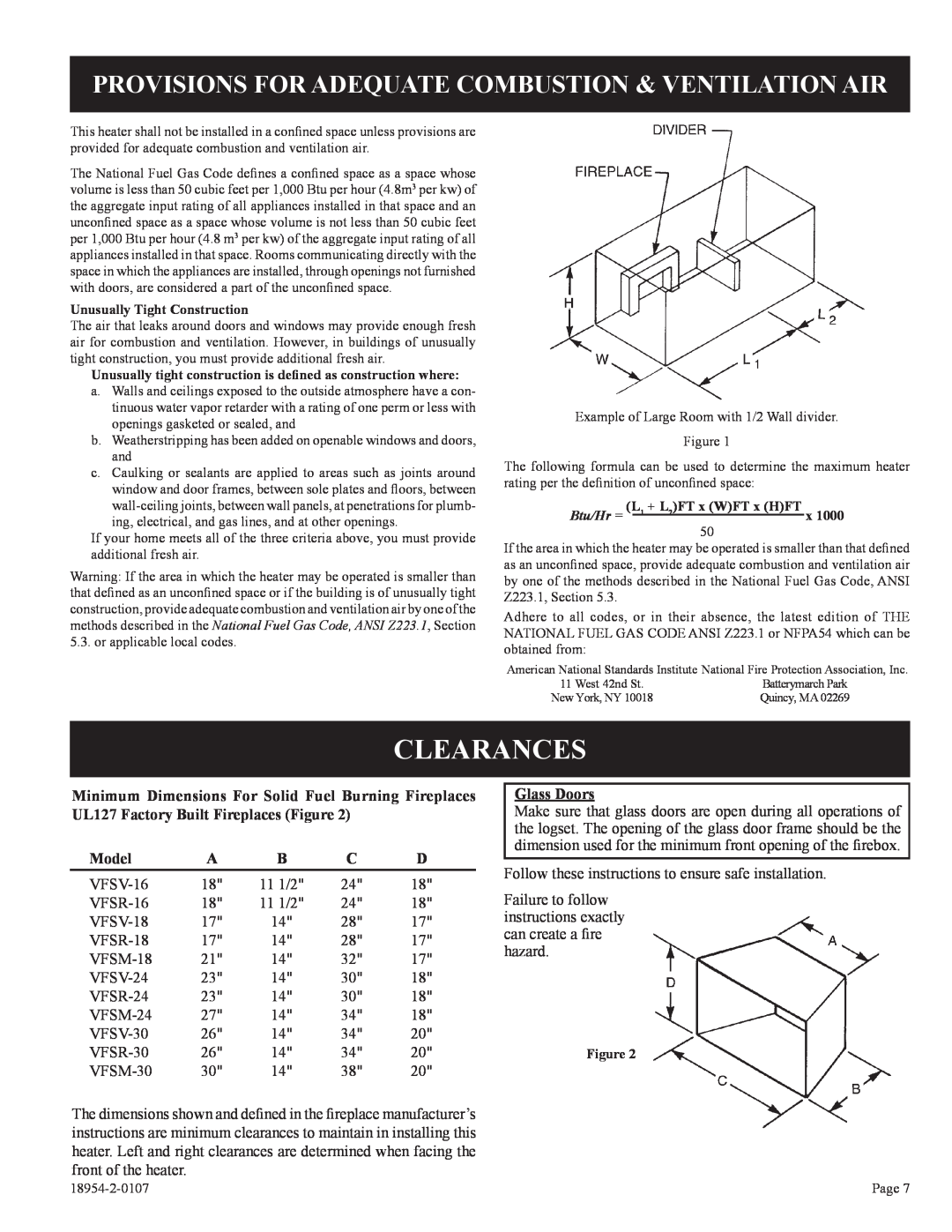 Empire Comfort Systems VFSM-30-3 installation instructions Clearances, Model, Glass Doors 