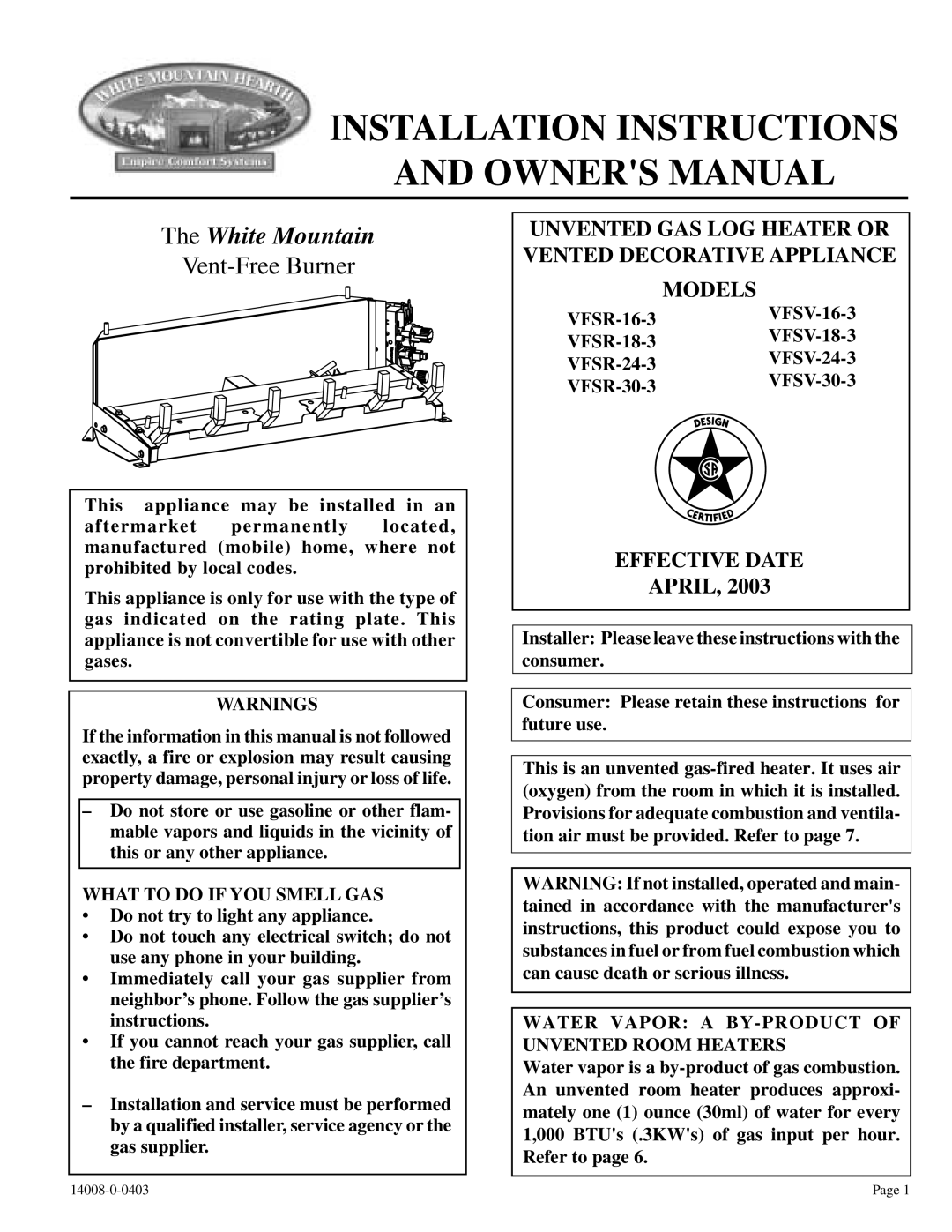 Empire Comfort Systems VFSR-16-3, VFSR-18-3 installation instructions Installation Instructions 