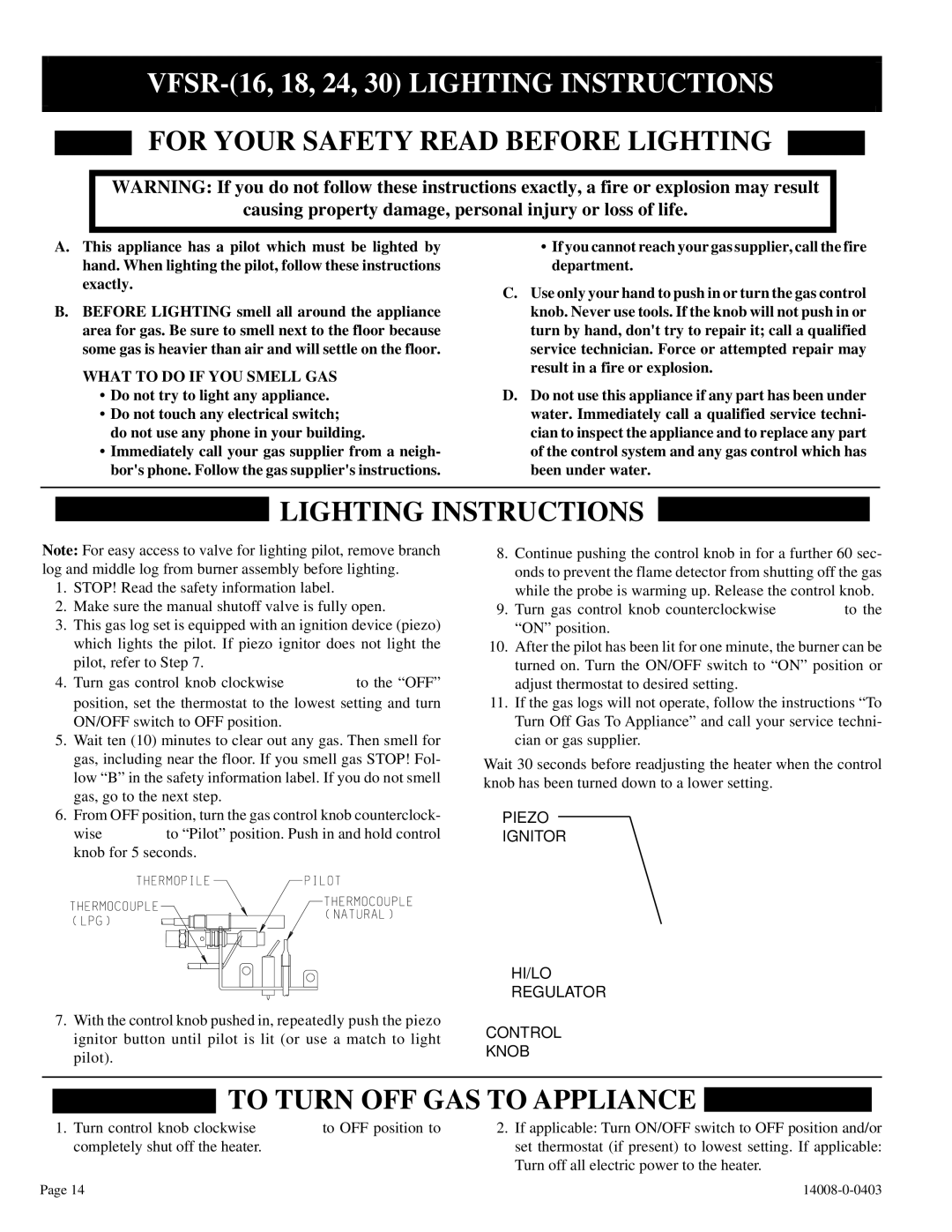 Empire Comfort Systems VFSR-18-3, VFSR-16-3 VFSR-16, 18, 24, 30 Lighting Instructions, What to do if YOU Smell GAS 