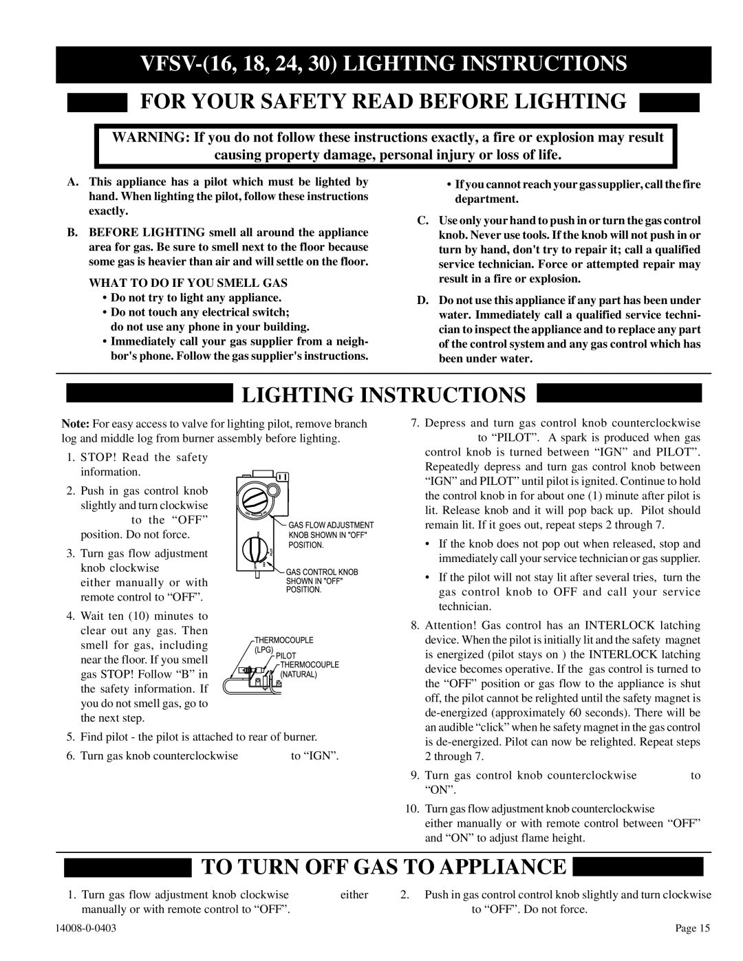 Empire Comfort Systems VFSR-16-3, VFSR-18-3 installation instructions VFSV-16, 18, 24, 30 Lighting Instructions 