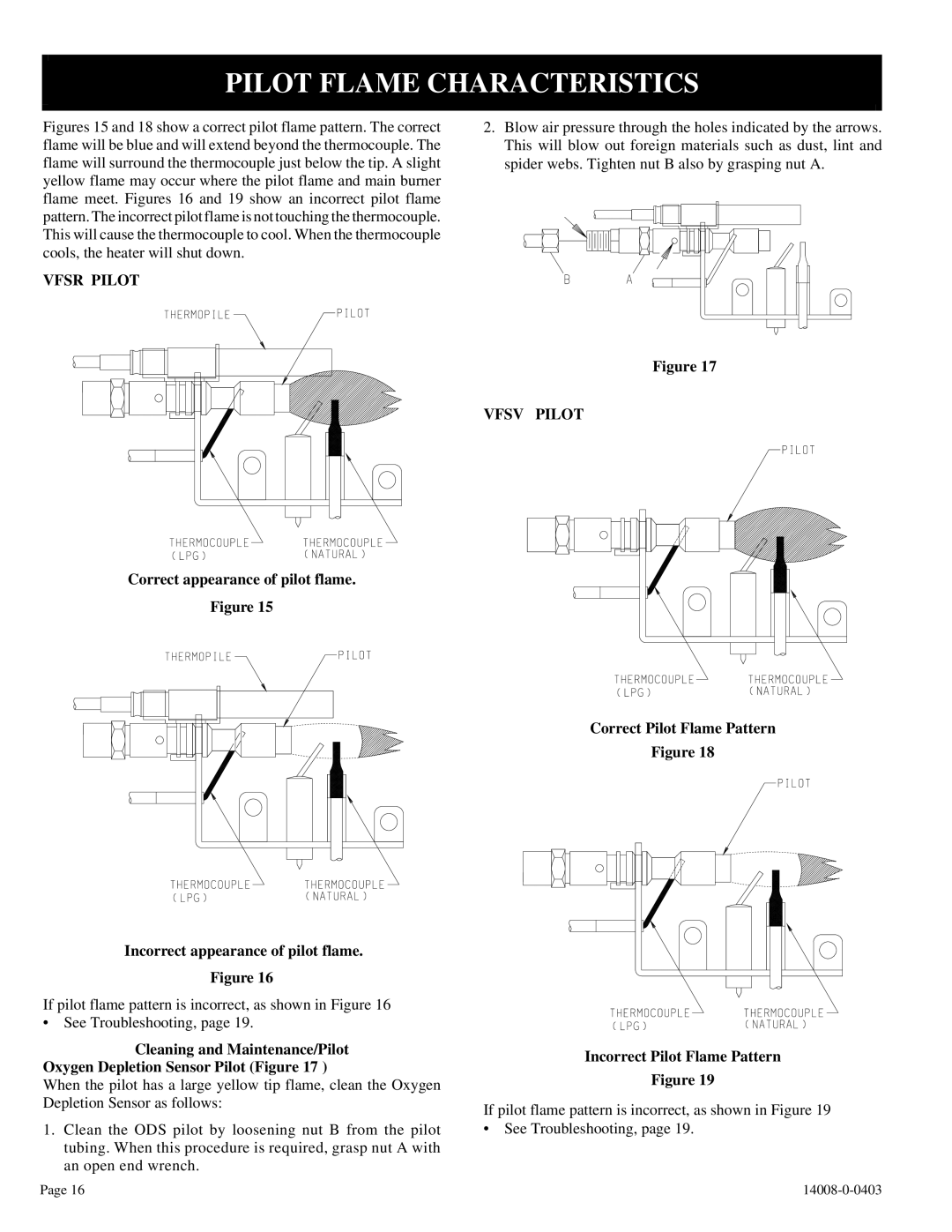 Empire Comfort Systems VFSR-18-3, VFSR-16-3 installation instructions Pilot Flame Characteristics, Vfsr Pilot, Vfsv Pilot 