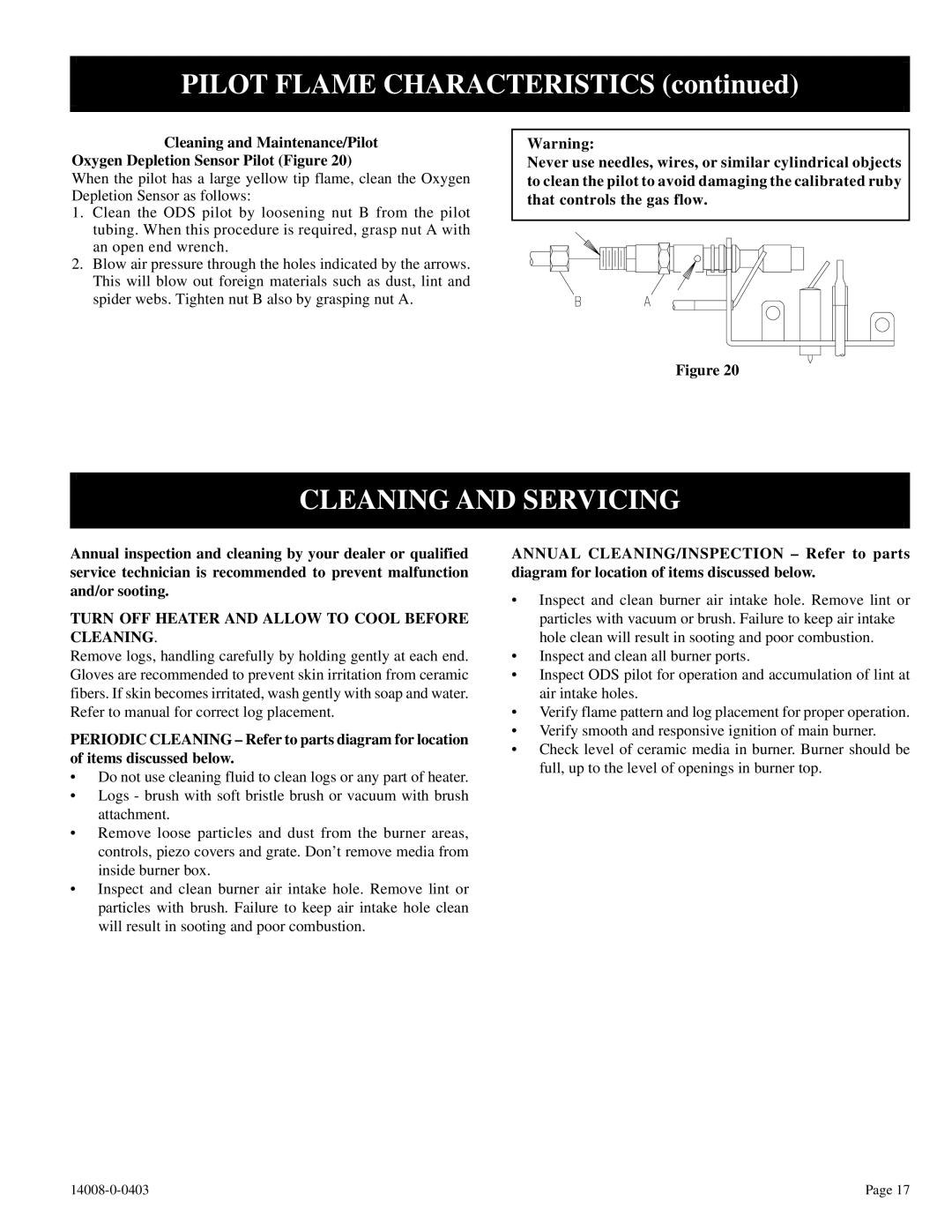 Empire Comfort Systems VFSR-16-3, VFSR-18-3 Cleaning and Servicing, Turn OFF Heater and Allow to Cool Before Cleaning 