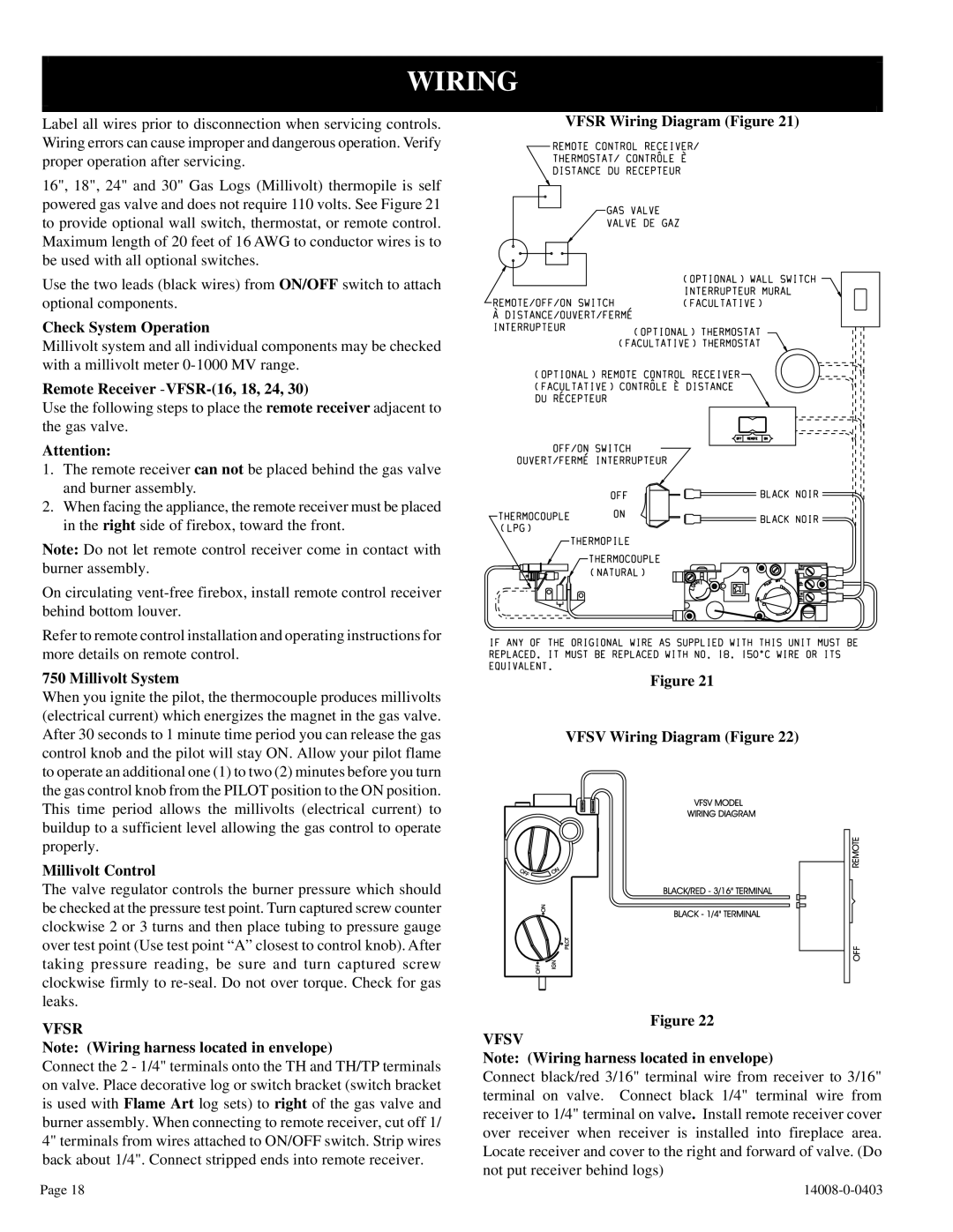 Empire Comfort Systems VFSR-18-3, VFSR-16-3 installation instructions Wiring, Vfsr, Vfsv 