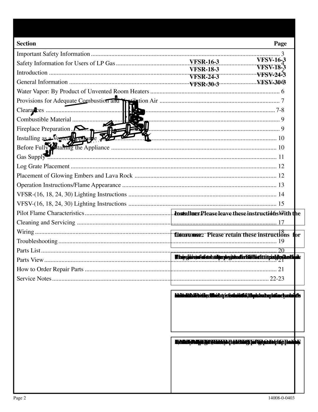 Empire Comfort Systems VFSR-18-3, VFSR-16-3 installation instructions Table of Contents 