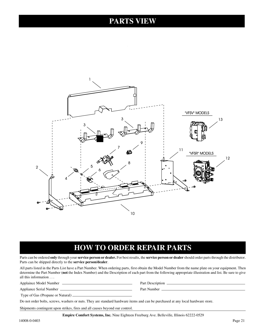 Empire Comfort Systems VFSR-16-3, VFSR-18-3 installation instructions Parts View HOW to Order Repair Parts 