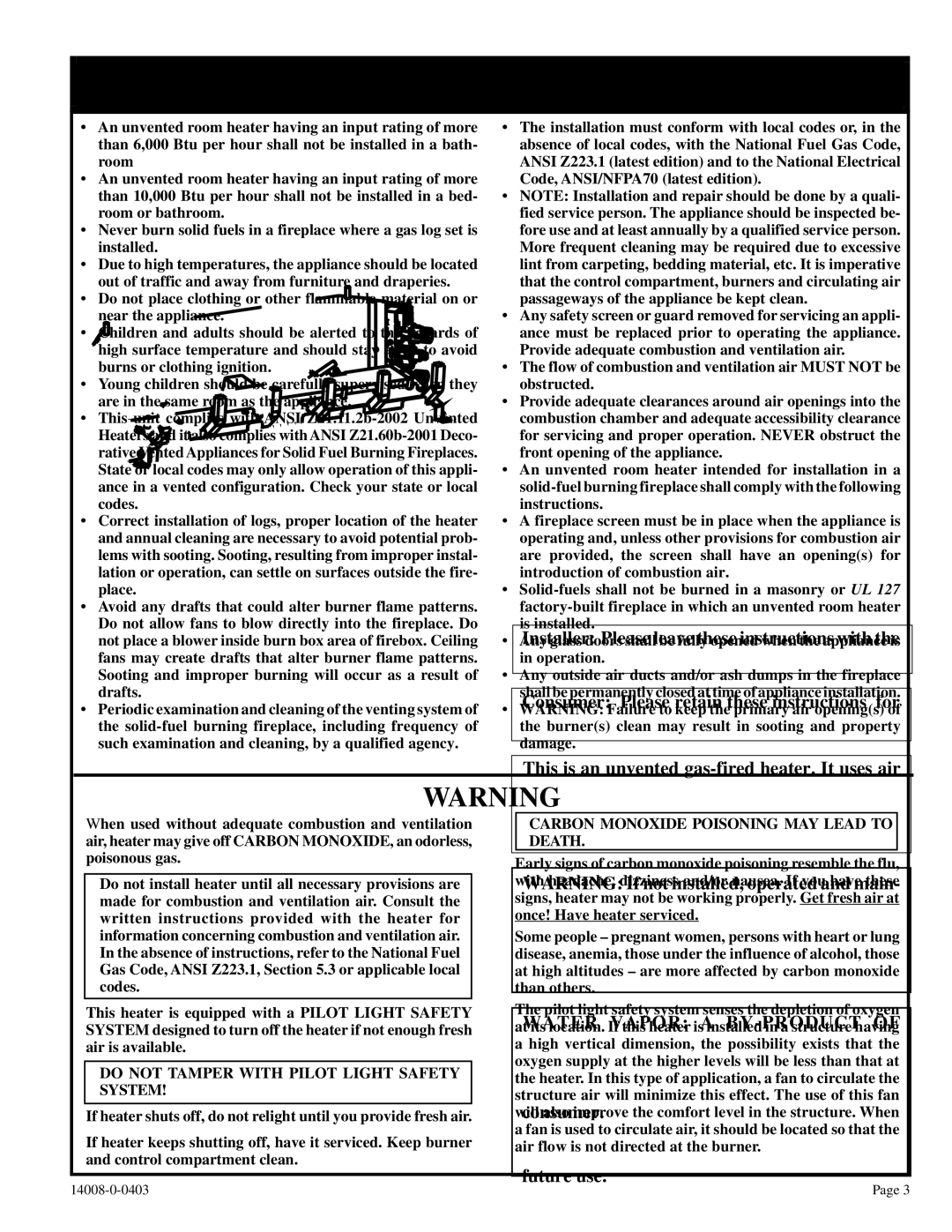 Empire Comfort Systems VFSR-16-3, VFSR-18-3 Important Safety Information, Do not Tamper with Pilot Light Safety System 