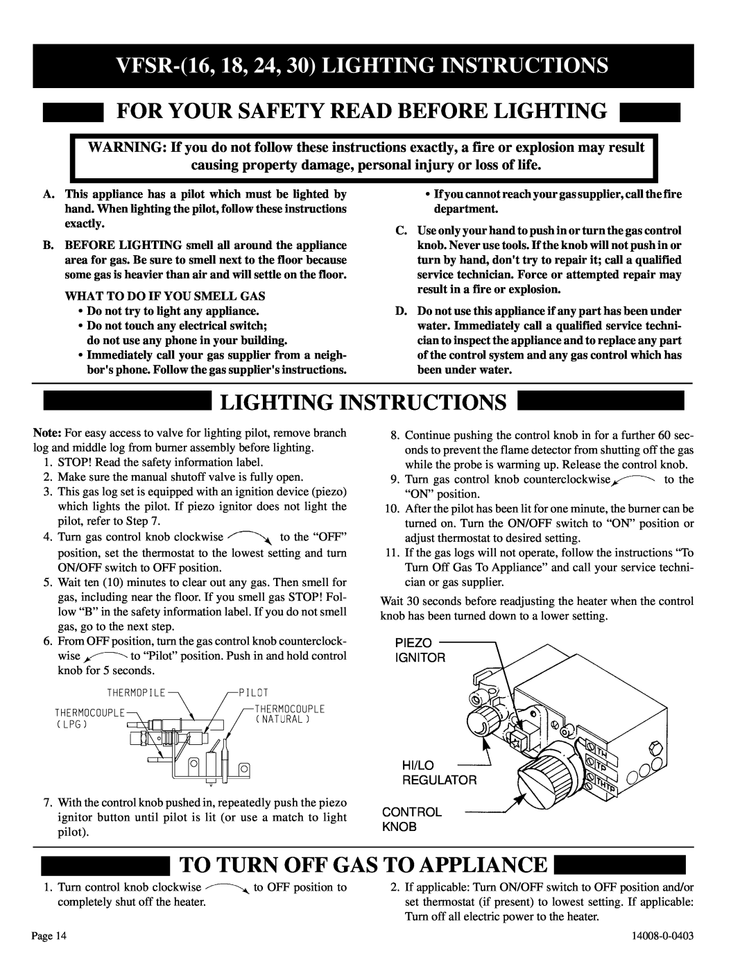 Empire Comfort Systems VFSR-18-3, VFSR-16-3 VFSR-16,18, 24, 30 LIGHTING INSTRUCTIONS, For Your Safety Read Before Lighting 
