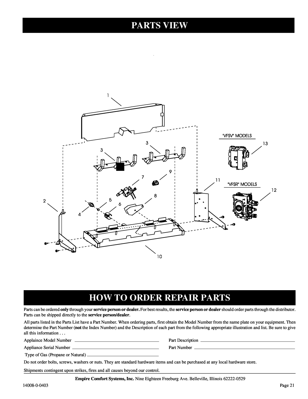 Empire Comfort Systems VFSR-16-3, VFSR-18-3 installation instructions Parts View How To Order Repair Parts 