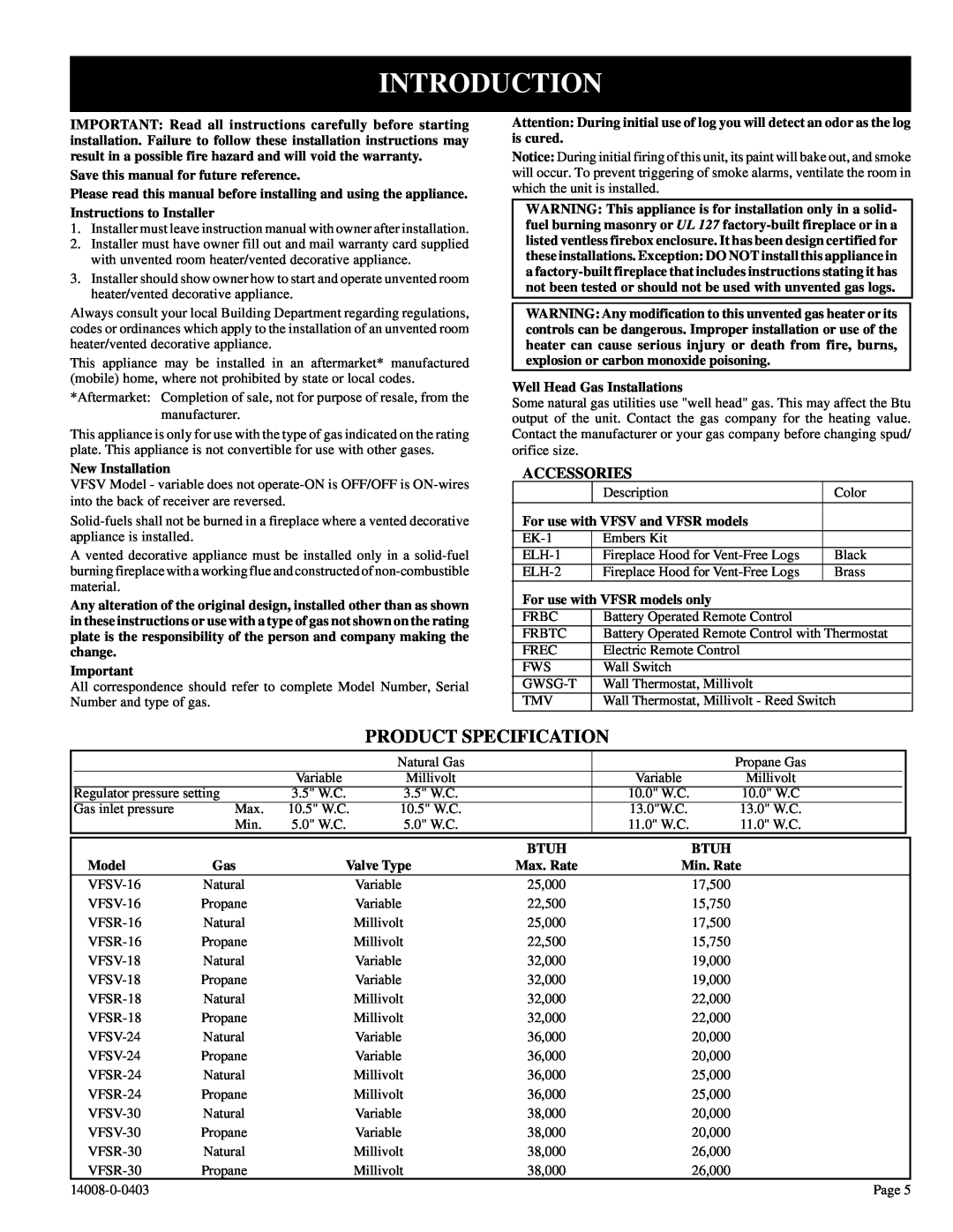 Empire Comfort Systems VFSR-16-3 Introduction, Save this manual for future reference, New Installation, Btuh, Model 