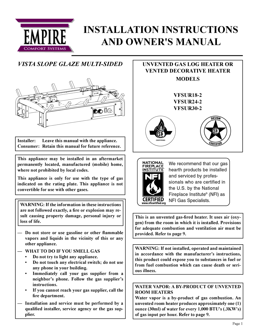 Empire Comfort Systems VFSUR30-2, VFSUR24-2, VFSUR18-2 installation instructions Empire 