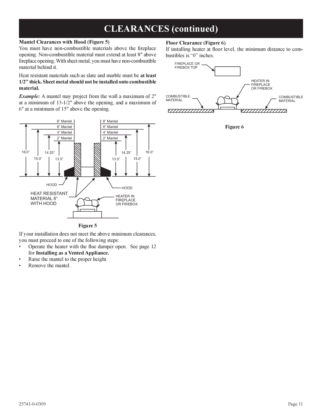 Empire Comfort Systems VFSUR18-2, VFSUR24-2, VFSUR30-2 Mantel Clearances with Hood Figure, Floor Clearance Figure 