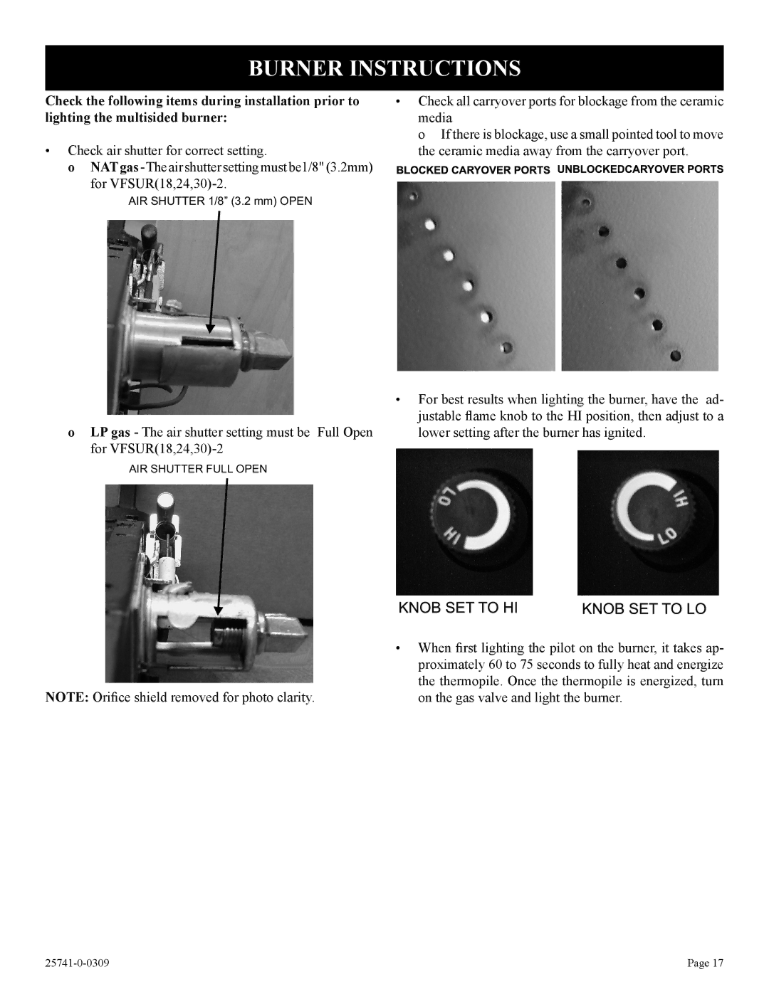 Empire Comfort Systems VFSUR18-2, VFSUR24-2, VFSUR30-2 Burner Instructions, Lighting the multisided burner 