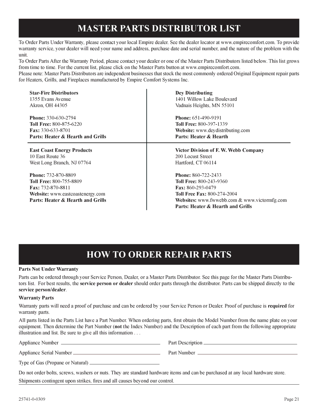 Empire Comfort Systems VFSUR24-2 Master Parts Distributor List, HOW to Order Repair Parts, Parts Not Under Warranty 