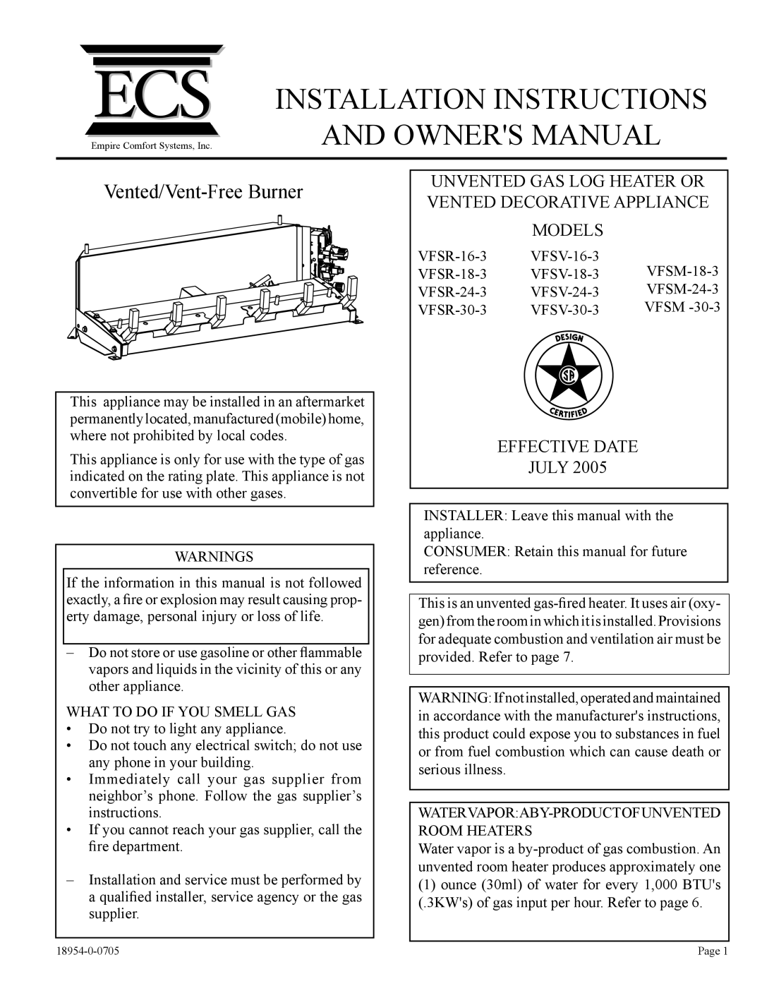 Empire Comfort Systems VFSV-24-3, VFSV-16-3, VFSV-18-3, VFSV-30-3 installation instructions Installation Instructions 