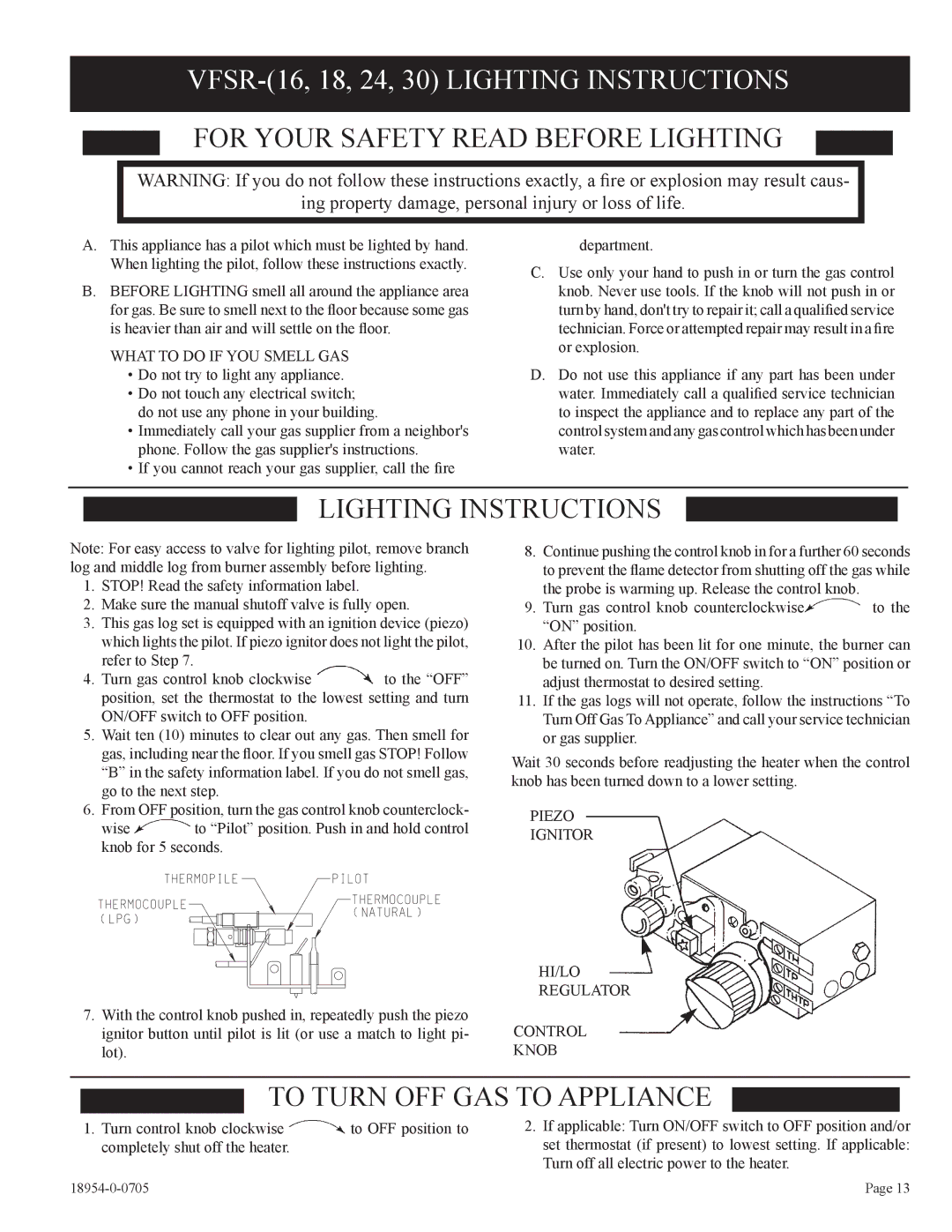 Empire Comfort Systems VFSV-30-3, VFSV-16-3 VFSR-16, 18, 24, 30 Lighting Instructions, What to do if YOU Smell GAS 