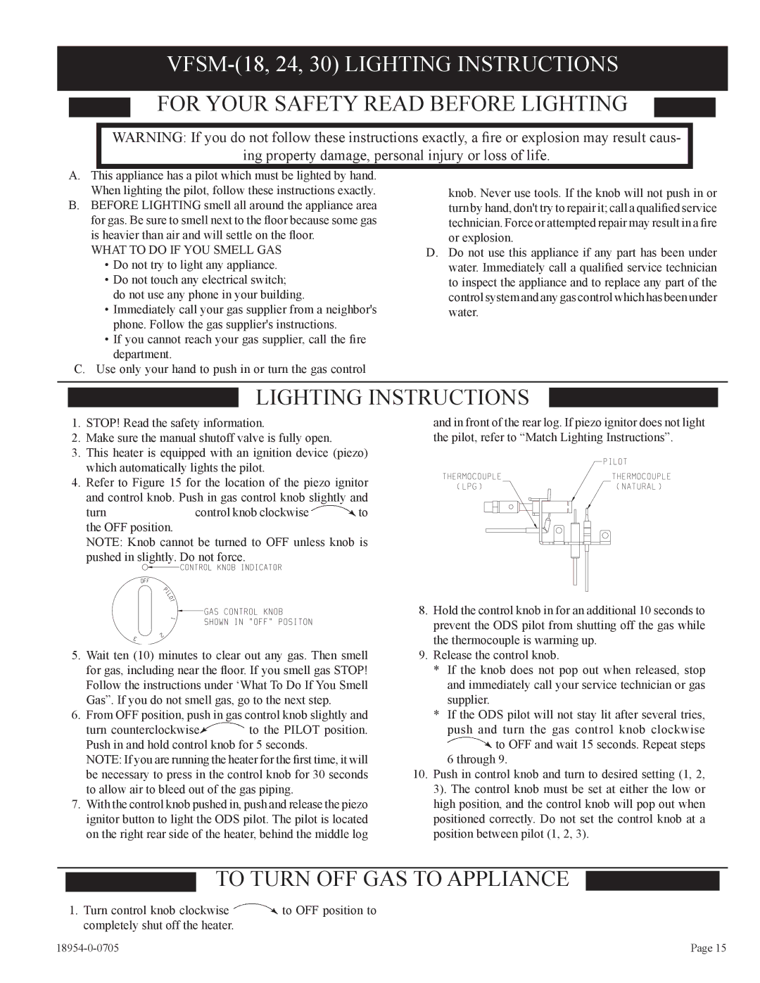 Empire Comfort Systems VFSM-18-3, VFSV-16-3, VFSV-24-3, VFSV-18-3, VFSV-30-3, VFSM -30-3 VFSM-18, 24, 30 Lighting Instructions 