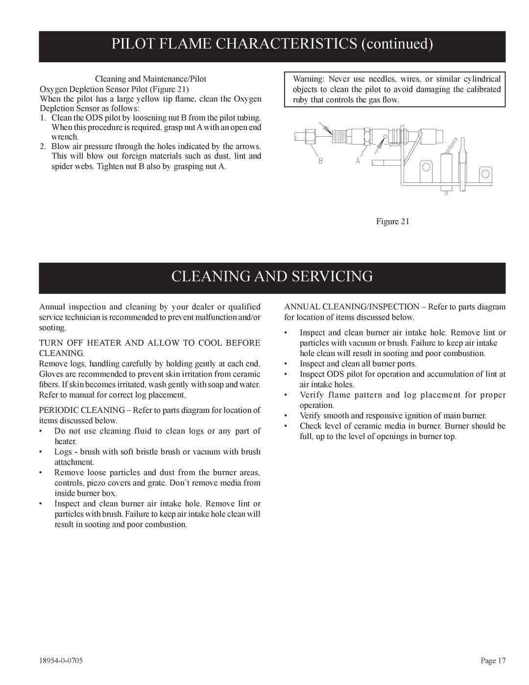 Empire Comfort Systems VFSR-24-3, VFSV-16-3 Cleaning and Servicing, Turn OFF Heater and Allow to Cool Before Cleaning 