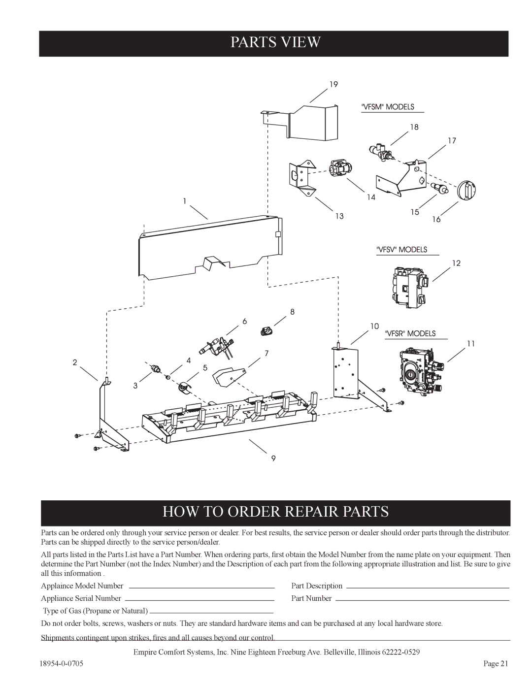 Empire Comfort Systems VFSV-24-3, VFSV-16-3, VFSV-18-3, VFSV-30-3, VFSM -30-3, VFSM-18-3 Parts View HOW to Order Repair Parts 