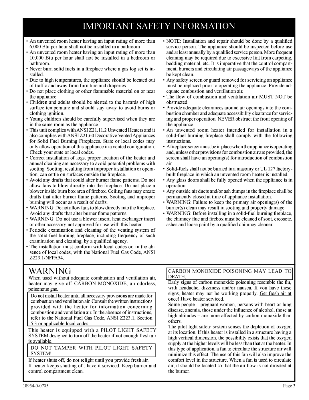 Empire Comfort Systems VFSV-30-3 Important Safety Information, Carbon Monoxide Poisoning MAY Lead to, Death, System 