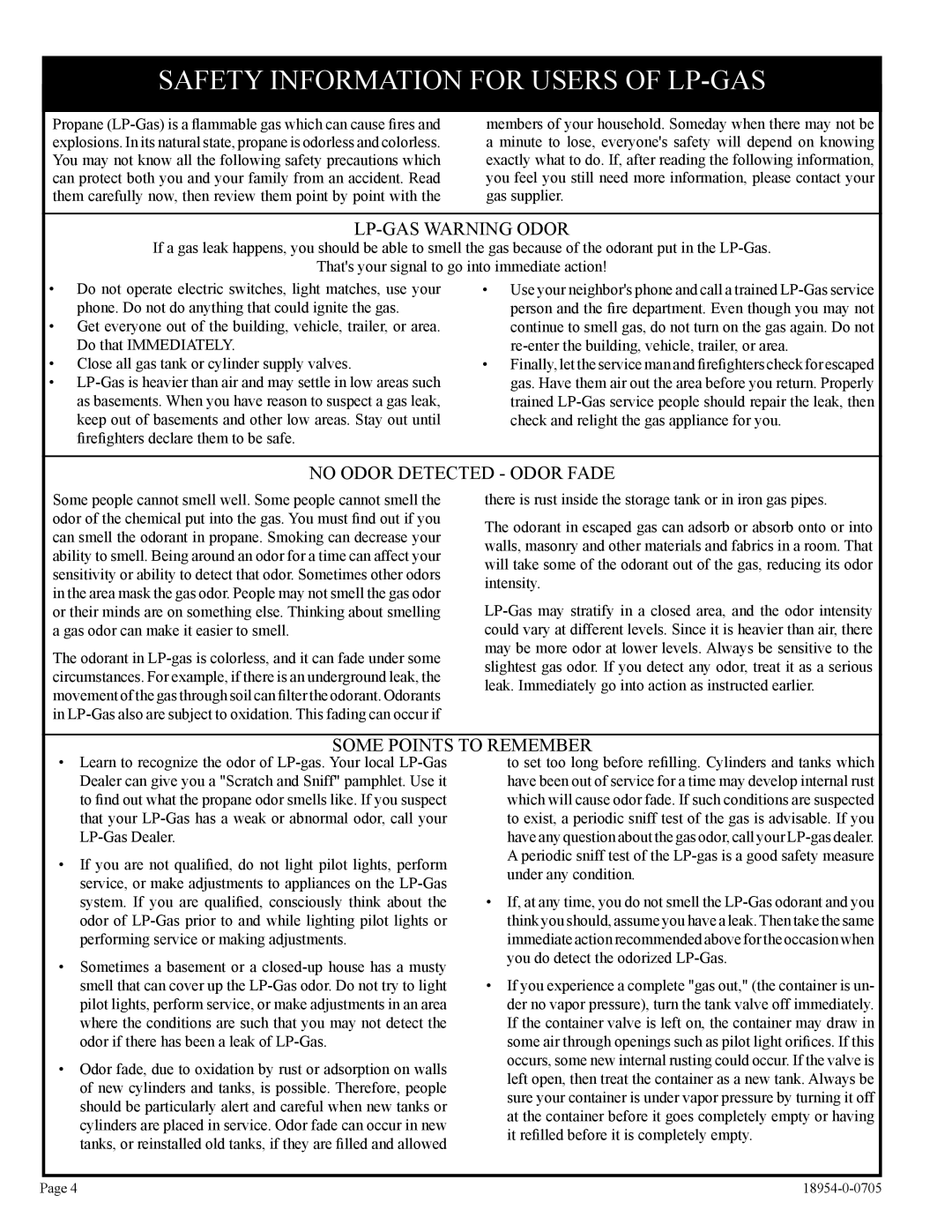 Empire Comfort Systems VFSM -30-3, VFSV-16-3, VFSV-24-3 Safety Information for Users of LP-GAS, LP-GAS Warning Odor 